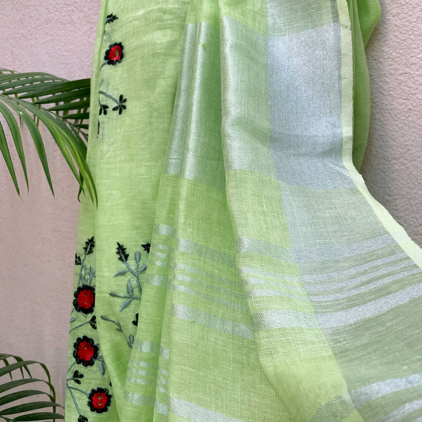 Lemon Grass Linen Embroidered Saree