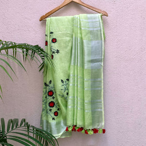 Lemon Grass Linen Embroidered Saree