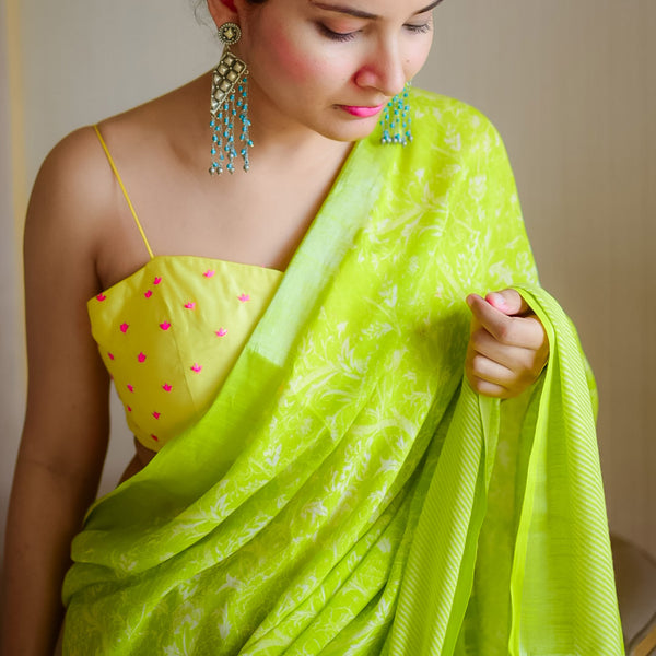 Lime Green Resham Sequin Saree - Dhunki fashion