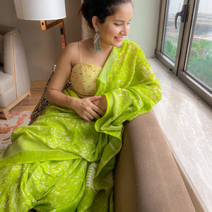 Lime Green Organic Linen Saree