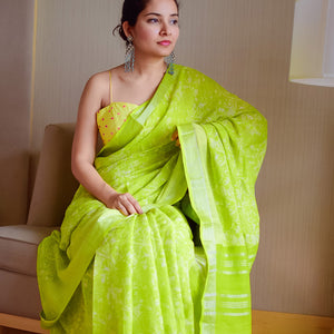 Lime Green Organic Linen Saree