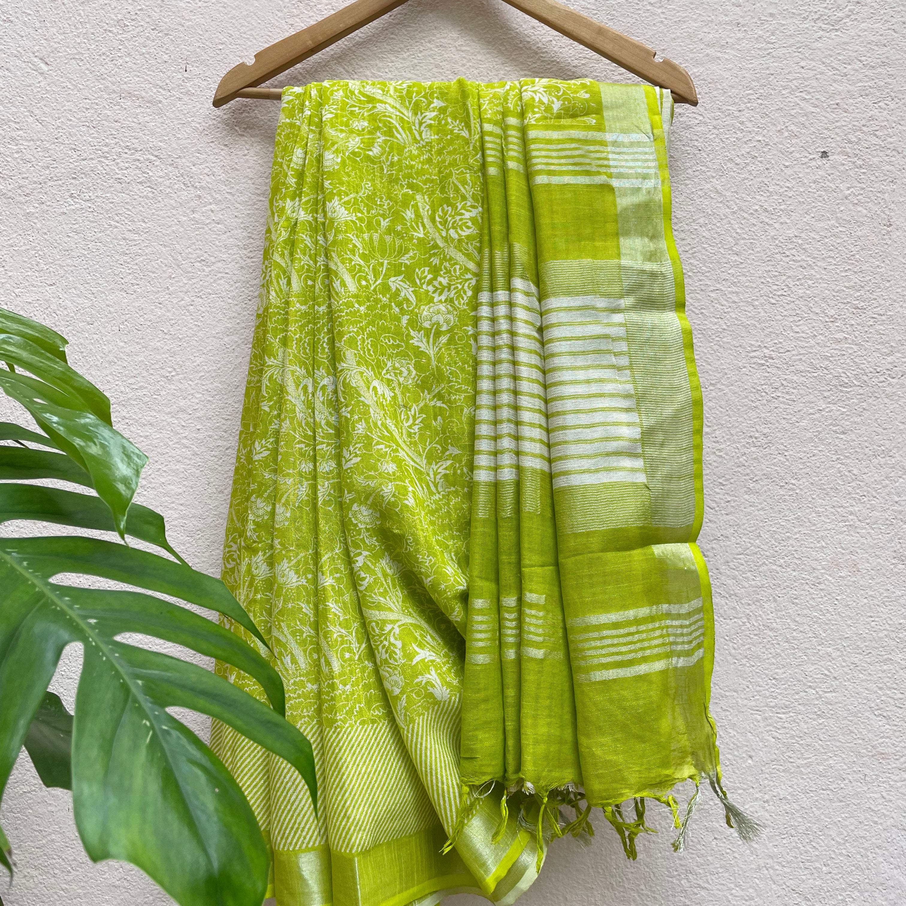 Lime Green Organic Linen Saree