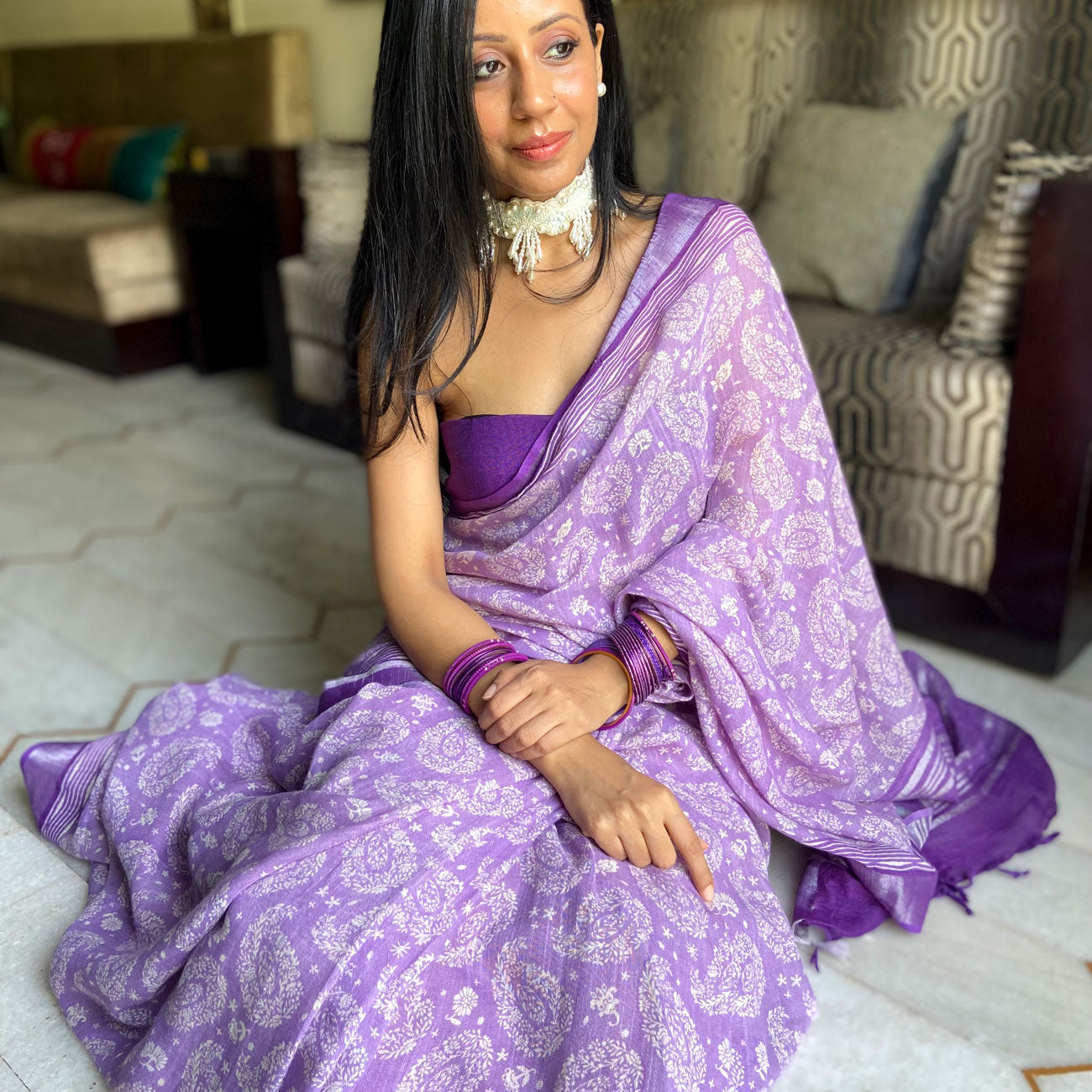 Sheer Lilac Organic Linen Saree