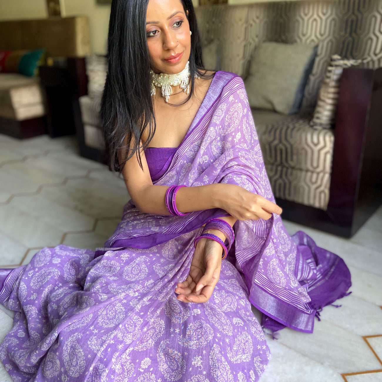 Sheer Lilac Organic Linen Saree