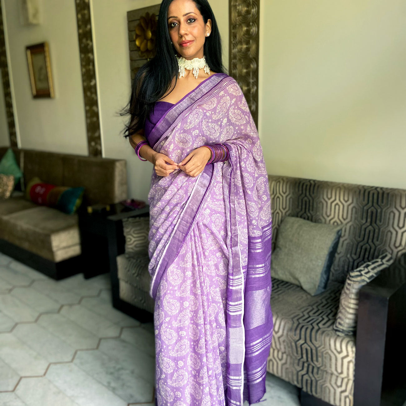 Sheer Lilac Organic Linen Saree