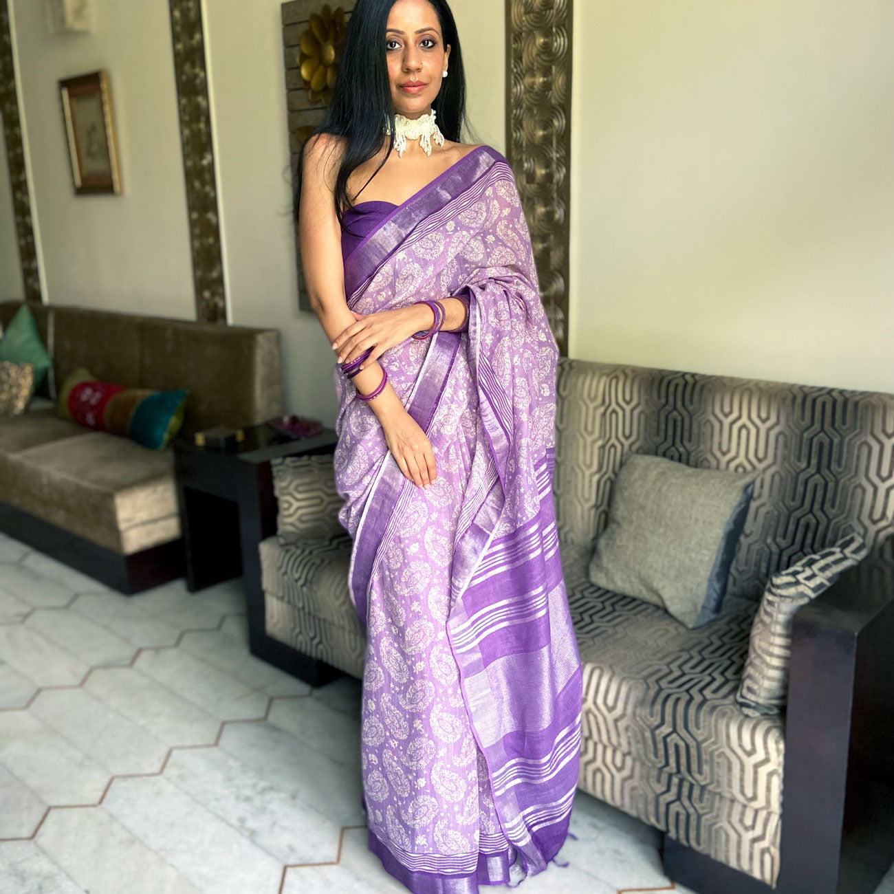 Sheer Lilac Organic Linen Saree