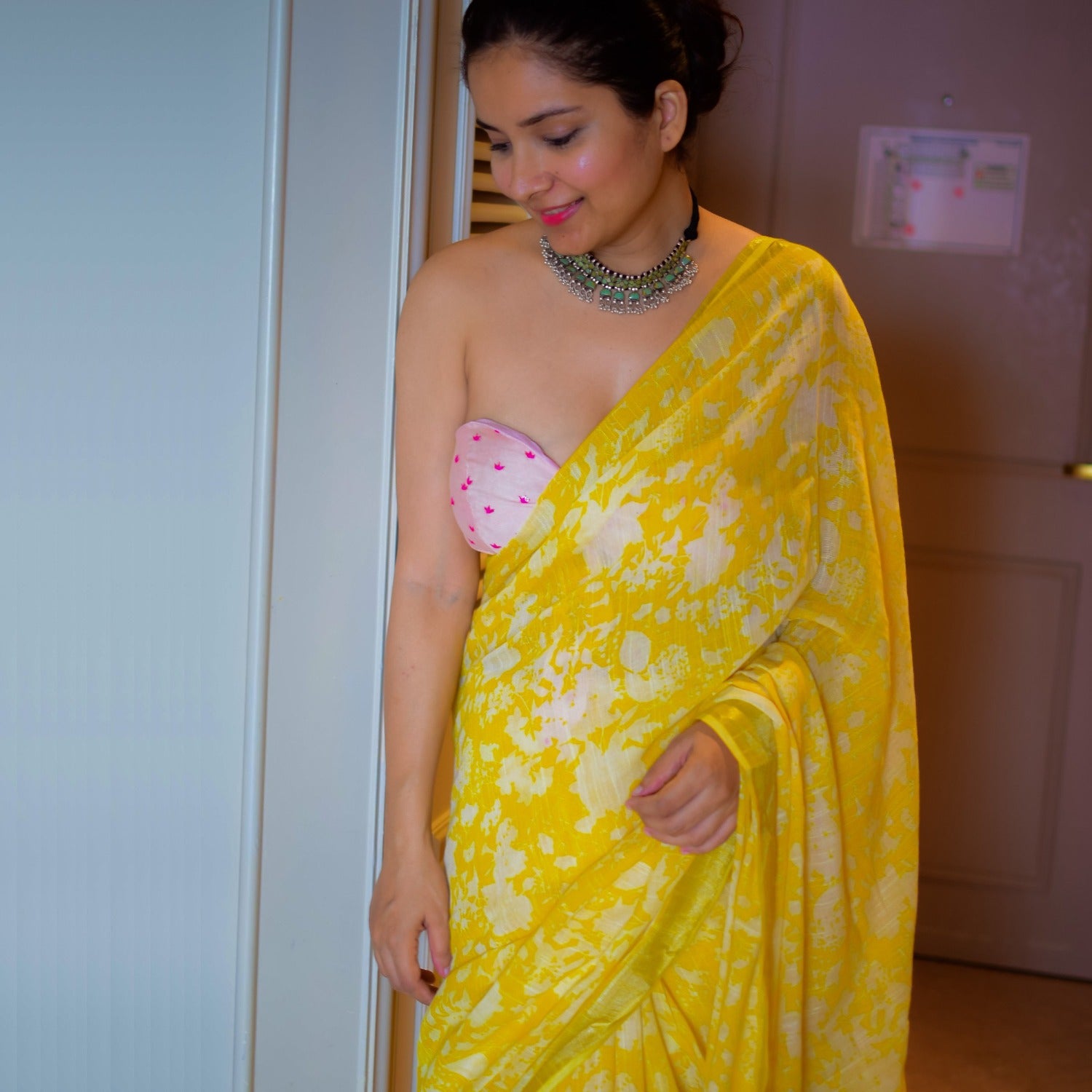 Indyshades in yellow printed saree