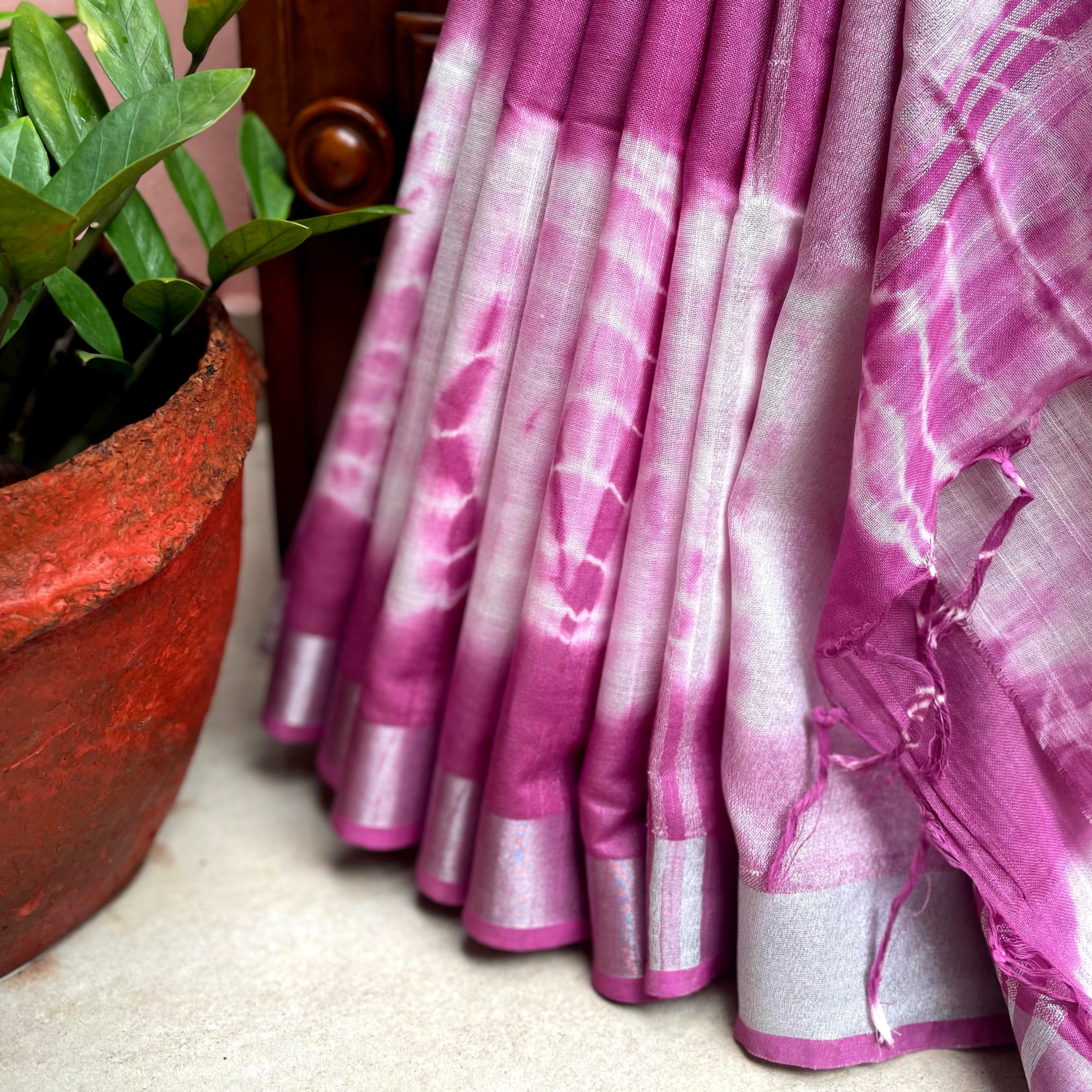 Super Pink Shibori Cotton Linen Saree