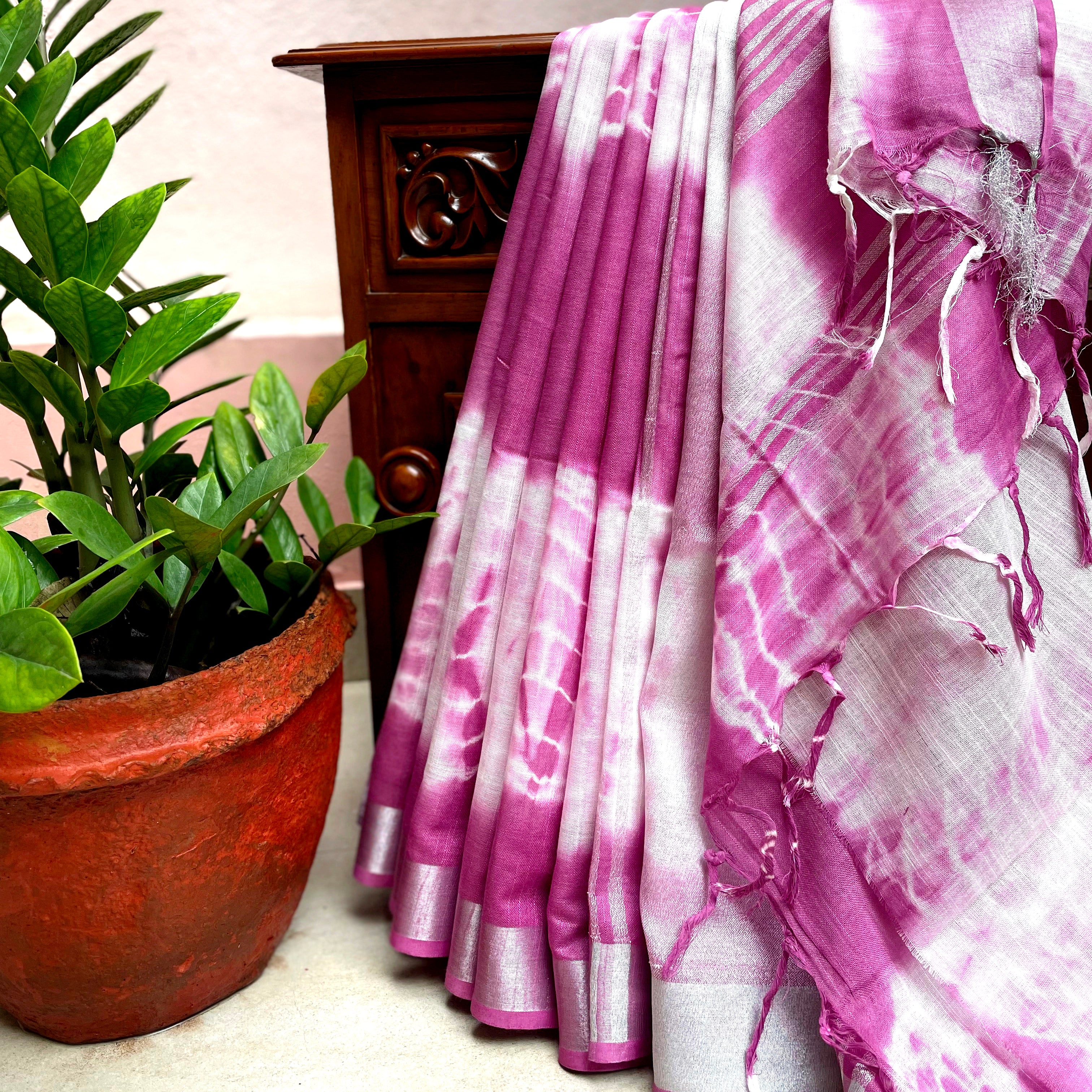 Super Pink Shibori Cotton Linen Saree