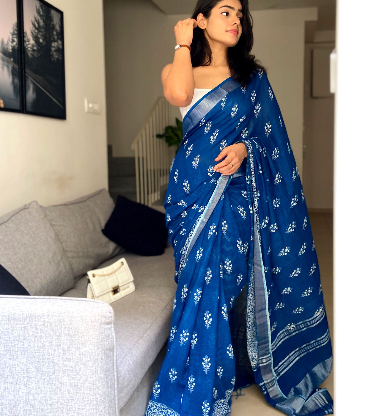 Turkish Blue Organic Linen Saree