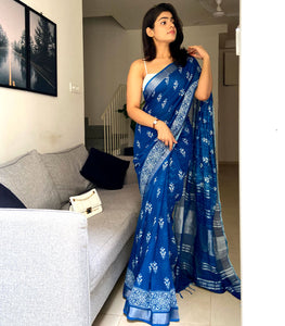 Turkish Blue Organic Linen Saree