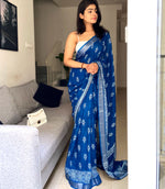 Load image into Gallery viewer, Turkish Blue Organic Linen Saree
