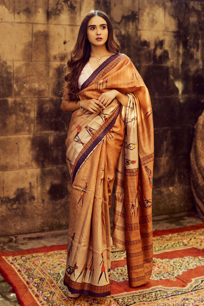 Jari Tussar Silk Saree with Floral Digital Print in Beige | SILK MARK