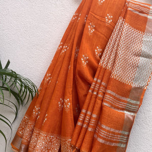 Vibrant Orange Organic Linen Saree