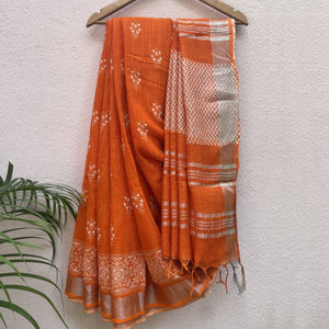 Vibrant Orange Organic Linen Saree